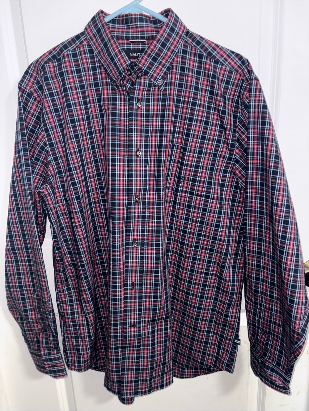 Nautica Navy, Red and White Plaid Button-Down Shirt